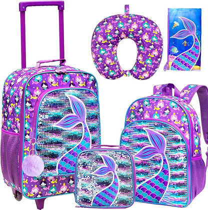 AGSDON 5 Piece Kids Luggage Set for Girls, Cute Rolling Wheels Suitcase for Toddler, Children Travel Carry on Suitcase -Mermaid