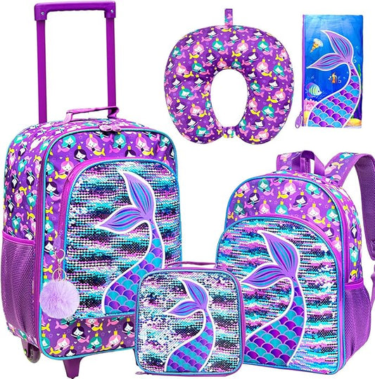 AGSDON 5 Piece Kids Luggage Set for Girls, Cute Rolling Wheels Suitcase for Toddler, Children Travel Carry on Suitcase -Mermaid