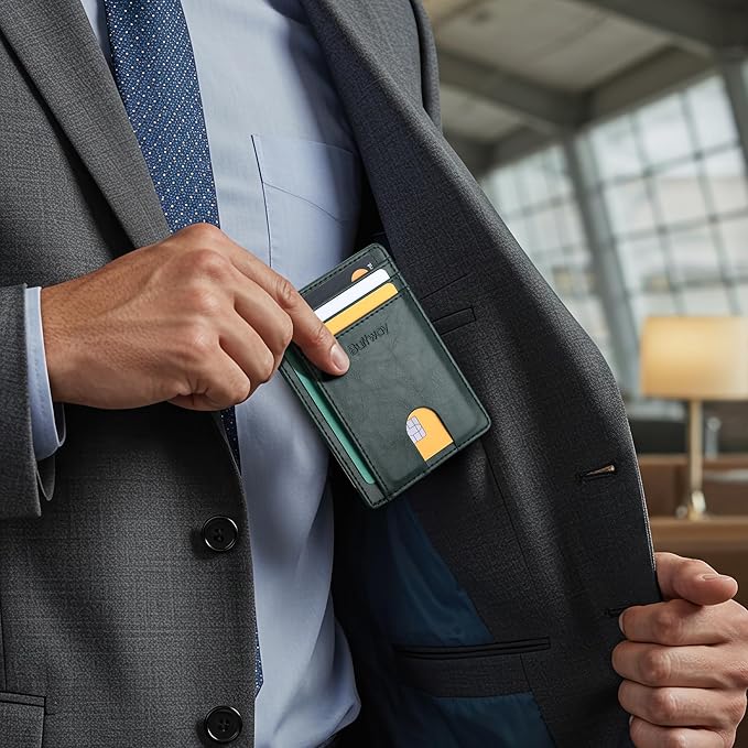 Buffway Slim Minimalist Front Pocket RFID Blocking Leather Wallets for Men and Women - Alaska Green