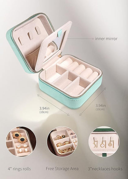 S.Leaf Travel Jewelry Organizer Boxes for Women Small Portable Necklace Earrings Bracelet Rings Travel Case Best Friend Birthday Gifts for Women Trendy (07_Suede_Touch_Mint_Green)