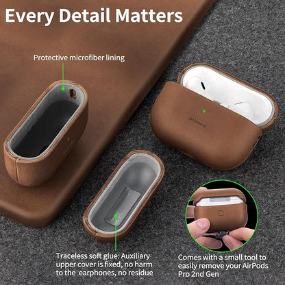 Belemay for AirPods Pro (2nd Generation) Case – Premium Crazy Horse Leather - Rich Patina- Secure Grip - Compatible with MagSafe and Wireless Charging - Compatible with Airpods Pro 2 Case - Brown