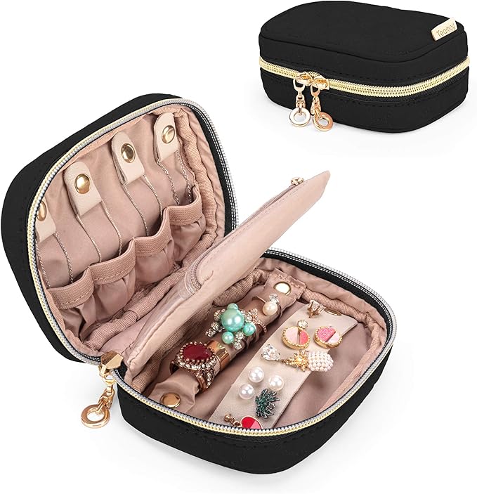 Teamoy Mini Jewelry Travel Case, Storage Organizer Bag for Earrings, Necklace, Rings, Black