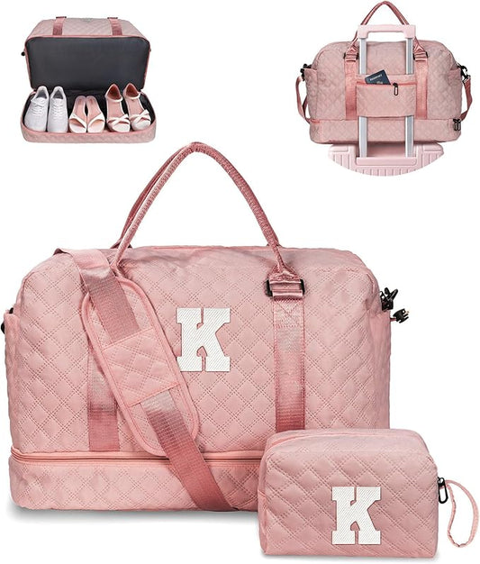 Christmas Gifts-Retirement Gift for Woman-Duffle Bag with Shoe Compartment, Weekender Bags, Overnight Bag with Makeup Pouch, Gifts for 10 11 12 13 14 15 16 Year Old -Birthday Gifts (Letter K)