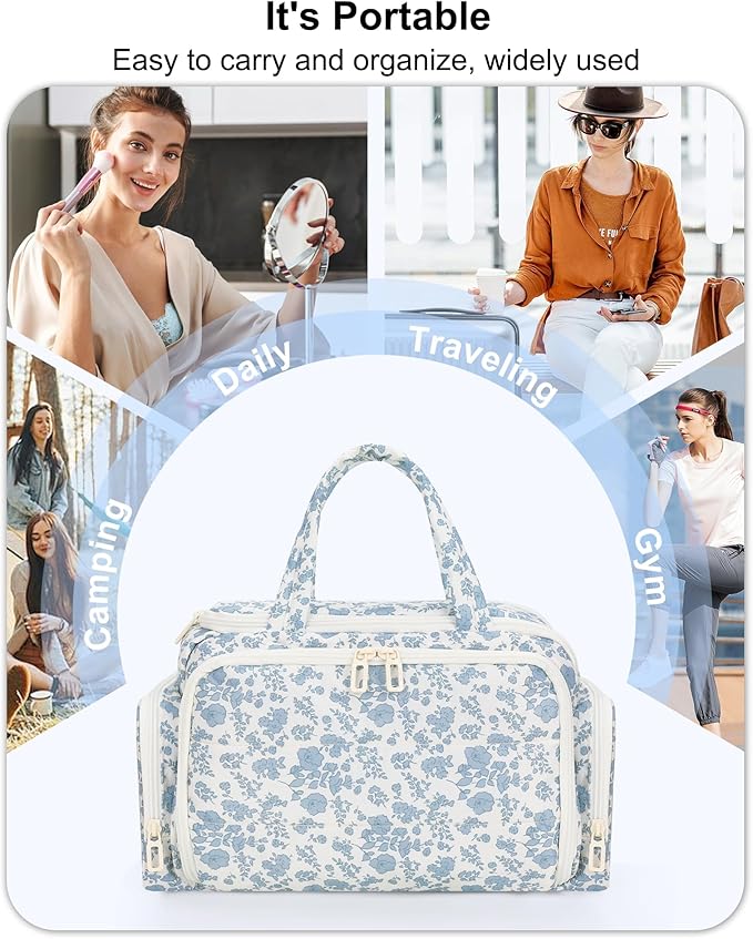 Travel Makeup Bag, Lightweight Wide-open Toiletries Bag for Women, Large Cosmetic Organizer Bag with Makeup Brushes Compartment for Travel-Sized Essentials for Trip, Camping - Blue Flower