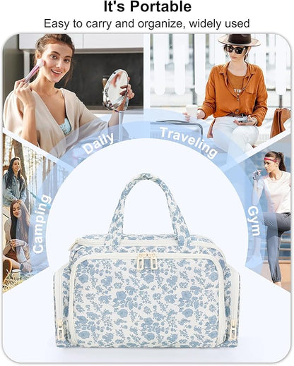 Travel Makeup Bag, Lightweight Wide-open Toiletries Bag for Women, Large Cosmetic Organizer Bag with Makeup Brushes Compartment for Travel-Sized Essentials for Trip, Camping - Blue Flower