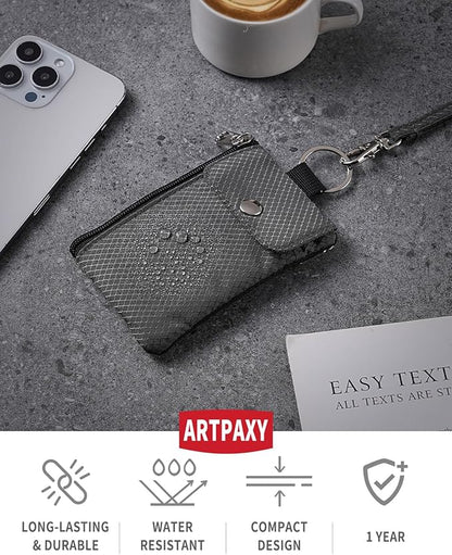 Minimalist Wallet For Mens Womens, Keychain RFID Blocking Zipper Small Wallet with ID Window 2 Lanyards,Water Resistant Travel Cash Card Coin Case Boys Girls