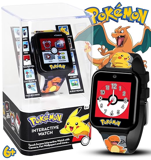 Pokémon Interactive Kids Smartwatch – Touchscreen Watch with Games, Camera, Voice Recorder, Step Tracker, Alarm & Timer – 10 Pokémon Watch Faces, USB Rechargeable – Fits Wrists 5.5" to 8"
