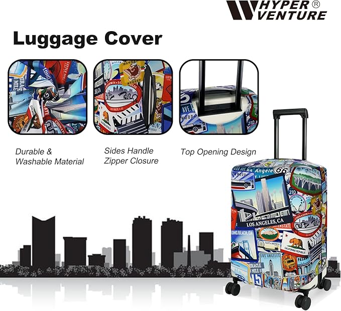 HYPER VENTURE Washable Luggage Cover - Fashion Suitcase Protector Fits 23-26 Inch Luggage (Travel Location, M)