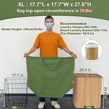 Canvas Laundry Bags 18x18in with Handles & Square Base, Extra Large Heavy Duty Laundry Basket Hamper Liner, Washable Drawstring Dirty Clothes Bag Canvas Storage Sack (Army Green XL)