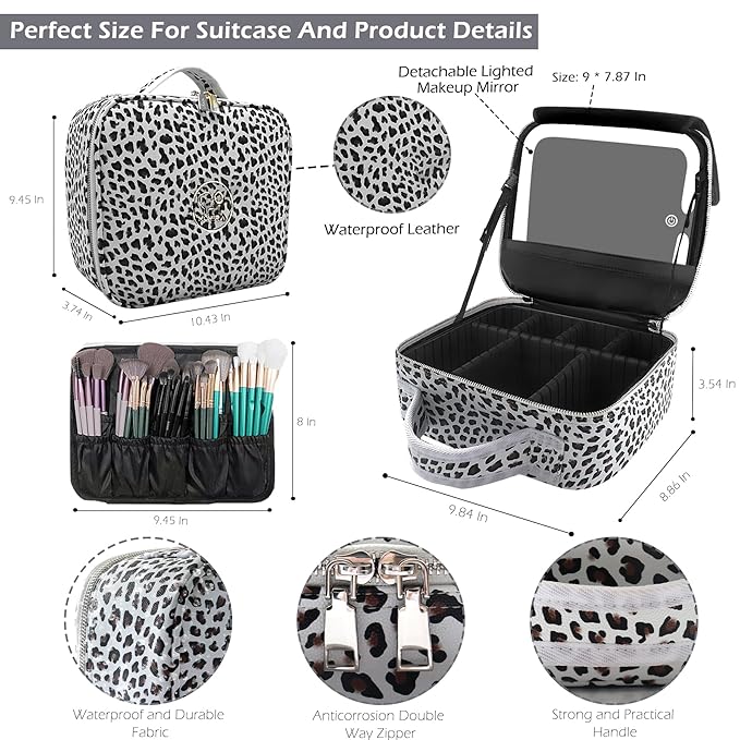 Travel Makeup Bag Cosmetic Bag Makeup Organizer Bag with Lighted Mirror, Adjustable Brightness in 3 Color Scenarios, Waterproof Makeup Train Case, Gift for Women - Leopard White