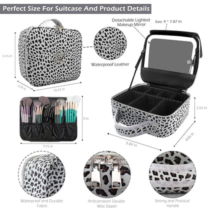 Travel Makeup Bag Cosmetic Bag Makeup Organizer Bag with Lighted Mirror, Adjustable Brightness in 3 Color Scenarios, Waterproof Makeup Train Case, Gift for Women - Leopard White