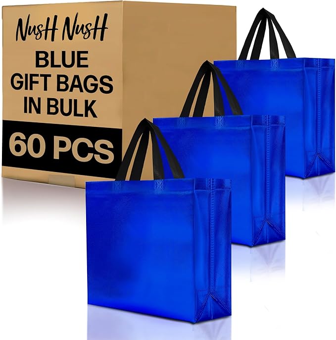 Nush Nush Shiny Large Blue Gift Bags Bulk – Set of 60 Reusable Blue Large Gift Bags with Handles - Ideal Goodie Bag for Birthday Party Favors, Small Business, Wedding, Holiday, Events – 13Wx5Dx11H