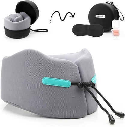 GOLDORANGE Travel Pillow Upgraded Airplane Neck Pillows Chin Support Adjustable Memory Foam Travel Essentials for Car Home Office Headrest Sleep with with Eye Masks Earplugs and Luxury Bag, Gray-Blue
