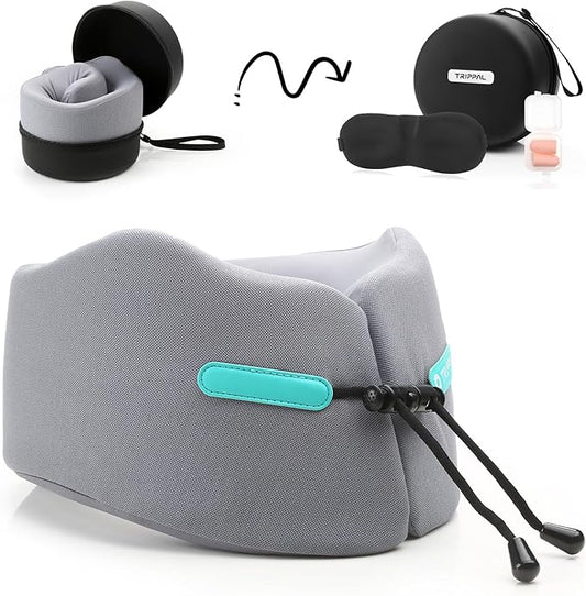 GOLDORANGE Travel Pillow Upgraded Airplane Neck Pillows Chin Support Adjustable Memory Foam Travel Essentials for Car Home Office Headrest Sleep with with Eye Masks Earplugs and Luxury Bag, Gray-Blue