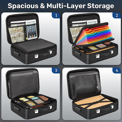 BlackSmith Fireproof Document Box, 4200°F Heat Resistant & Waterproof Hard Case 13 Layers File Organizer with Lock, Portable Safe for Important Documents, Certificates, Travel Use-Black