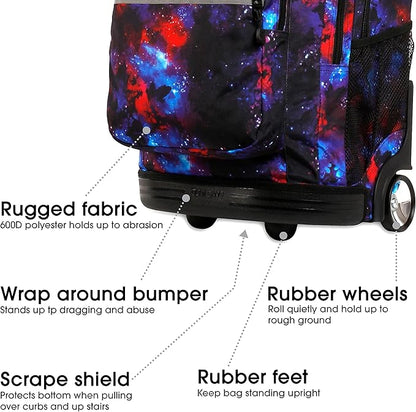 J World Sundance Laptop Rolling Backpack for Girls Boys. Roller Bookbag with Wheels, Galaxy