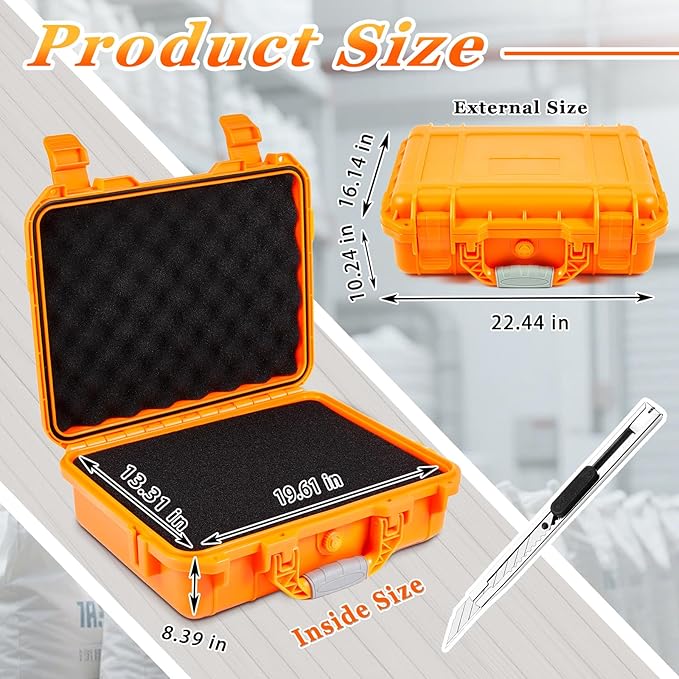 1 Pcs 22.4 x 16.1 x 10.2 Inch Waterproof Hard Case with DIY Customizable Foam Insert Portable Protective Case with Knife for Camera Drones Equipments Tools Test Instruments (Orange)