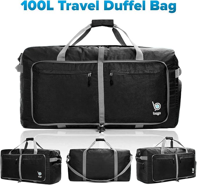Bago Large Foldable Duffel Bags for Traveling Women & Men - 120L Packable Duffle Bag for Travel with Shoe Compartment - Water Repellant, Heavy Duty, Lightweight Folding & Collapsible (Black)