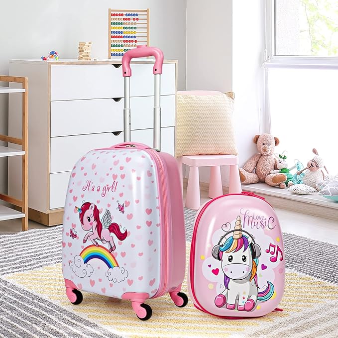BABY JOY 2 Pcs Kids Luggage Set, 16" Carry-on Luggage Trolley Case & 12" Backpack w/Rolling Wheels, Retractable Handle, Lightweight Airline-approved Design, Kids Suitcase for Girls Boys (Pink Pony)