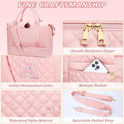 Christmas Gifts for Women Girls Initial Travel Duffle Bag Quilted Weekender Carry-On Overnight with Cosmetic Bag, Gym Bag with Shoe Compartment Personalized Bag, Pink A
