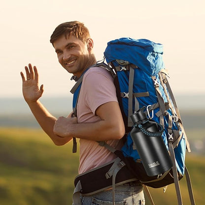 HASLE OUTFITTERS Half Gallon Insulated Water Bottles 64 oz, Stainless Steel Metal Water Jug with 2 Lids Keep Cold 48h/Hot 24h, Leak Proof & BPA-Free Water Flask Jug(Black,1)