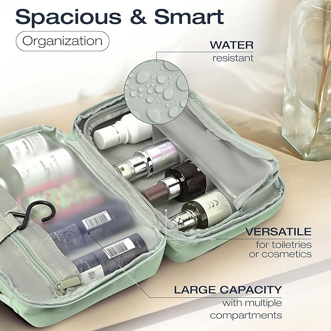 KAZAY Hanging Toiletry Bag with TSA Approved Detachable Pouch, Travel Toiletry Bag, Water Resistant, Premium Nylon, Full-Size Bottles, Travel Size Toiletries, Cosmetic Bag, Unisex (Sage Green)