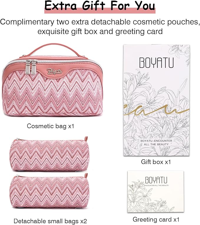 BOYATU Travel Makeup Bag for Women: Western Boho Make up Bag Set of 3 - Large Capacity Vegan Leather Cosmetic Bag - Waterproof Toiletry Bag with Compartments & Handle & Divider(J-5-Red)