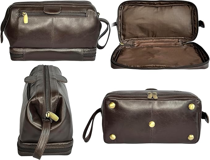 RUSTIC TOWN Leather Toiletry Bag for Men - Shaving Ditty Kit - Travel Gift Bathroom Shower Toiletries Organizer - Cosmetic Makeup Bag for Women (Chocolate Brown)