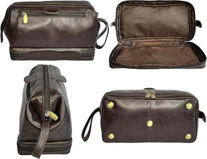 RUSTIC TOWN Leather Toiletry Bag for Men - Shaving Ditty Kit - Travel Gift Bathroom Shower Toiletries Organizer - Cosmetic Makeup Bag for Women (Chocolate Brown)