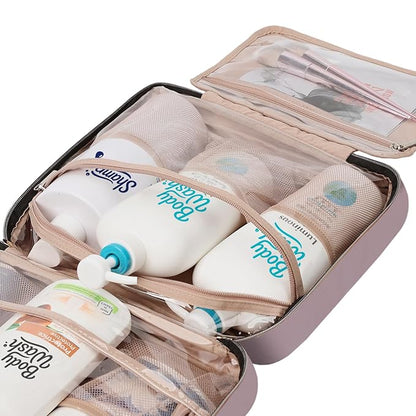 NISHEL Travel Toiletry Bag for women, Portable Hanging Organizer for Family-Sized Shampoo, Conditioner, Brushes Set, Makeup Accessories, Extra Large Size, Peach Pink