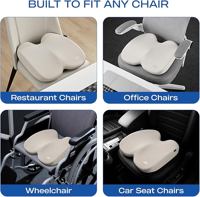 Skechers Memory Foam Seat Cushion,Ribbed Fabric Office Chair Cushion for Tailbone Pain Relief,Butt Pillow for Office Chair,Car Seat Cushion,Long Sitting Office Workers,and Car Drivers,Beige