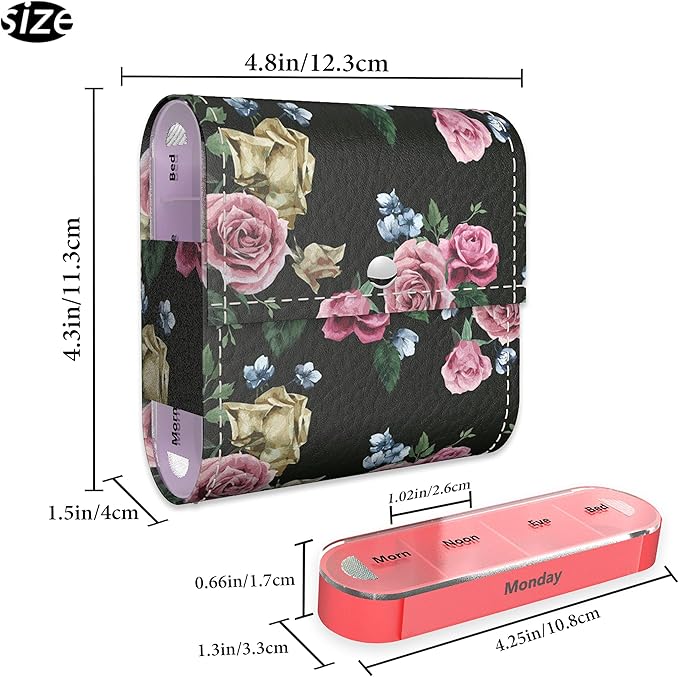 Pill Organizer,LIZIMANDU Weekly Travel Pill Case Box Medication Reminder Daily AM PM, Day Night 7 Compartments,for 4 Times A Day, 7 Days a Week-Includes Leather PU Carrying Case (Black Rose)