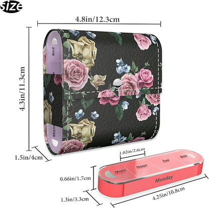 Pill Organizer,LIZIMANDU Weekly Travel Pill Case Box Medication Reminder Daily AM PM, Day Night 7 Compartments,for 4 Times A Day, 7 Days a Week-Includes Leather PU Carrying Case (Black Rose)