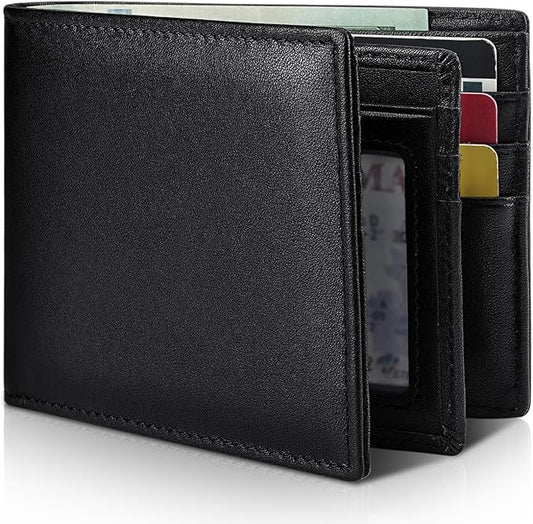 Mens Wallet Genuine Leather Bifold RFID Blocking Wallet for Men with 1 ID Window 13 Card Holders 2 cash pockets 1 Gift Box