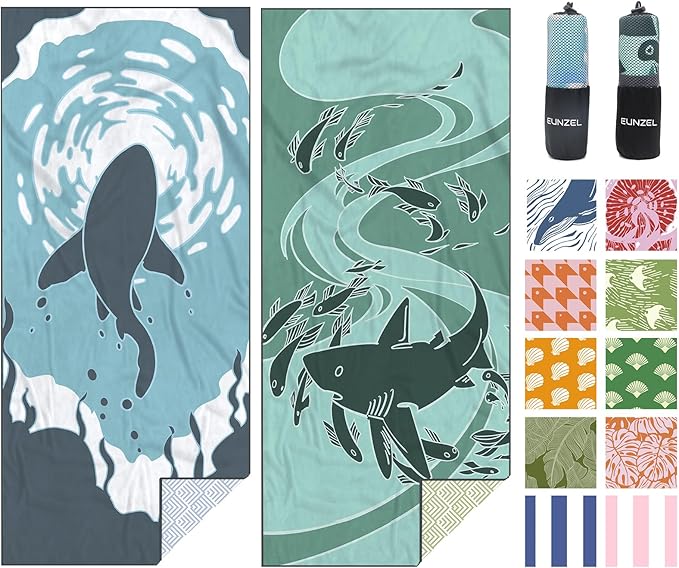 Eunzel 2 Pack Microfiber Beach Towel, Quick Dry Travel Towel Large Sand Free Towel for Beach, Camping, Swim Pool, Gym, Sports& Yoga 71"x32", Shark