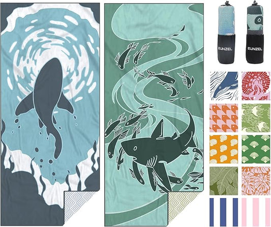 Eunzel 2 Pack Microfiber Beach Towel, Quick Dry Travel Towel Large Sand Free Towel for Beach, Camping, Swim Pool, Gym, Sports& Yoga 71"x32", Shark