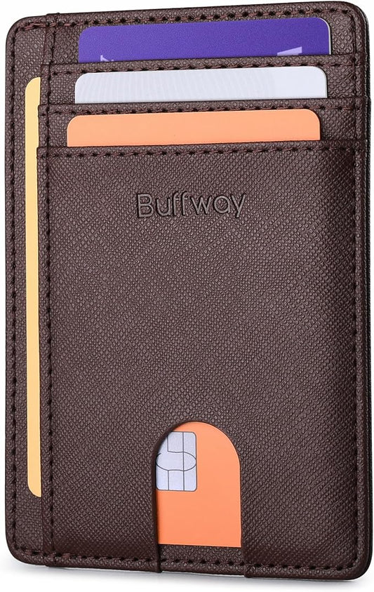 Buffway Slim Minimalist Front Pocket RFID Blocking Leather Wallets for Men and Women - Cross Coffee