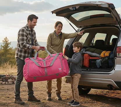 Bago Large Foldable Duffel Bags for Traveling Women & Men - 120L Packable Duffle Bag for Travel with Shoe Compartment - Water Repellant, Heavy Duty, Lightweight Folding & Collapsible (Pink)