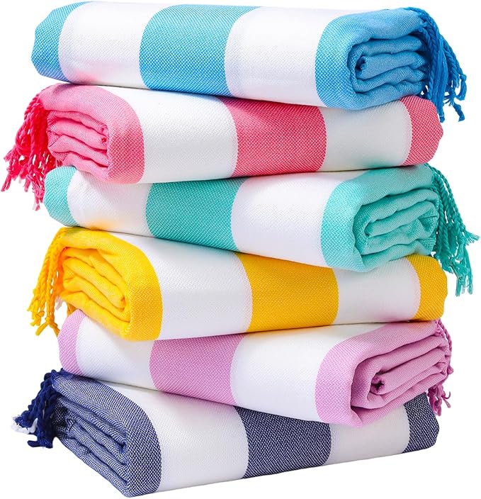 Genovega 6 Oversized Turkish Beach Bath Towel Set Bulk 74"x38" Extra Large Sand Free Quick Dry Swimming Camping Pool Clearance Towels Blanket Essentials Adult Multi Stripes Yellow