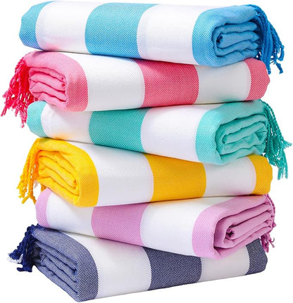 Genovega 6 Oversized Turkish Beach Bath Towel Set Bulk 74"x38" Extra Large Sand Free Quick Dry Swimming Camping Pool Clearance Towels Blanket Essentials Adult Multi Stripes Yellow