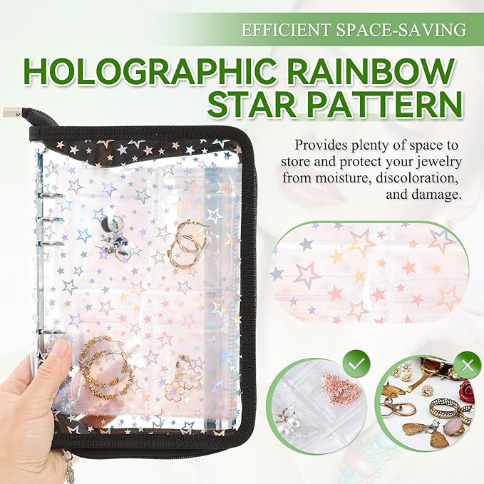 Earring Organizer Case Travel Jewelry Storage Book Clear with Small Zippered Pouch (Black, With 80 Pcs small Jewelry Pouches)