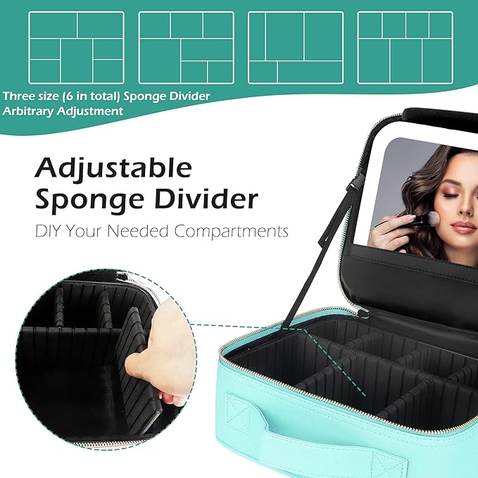 MOMIRA Travel Makeup Bag Cosmetic Bag Makeup Organizer Bag with Lighted Mirror, Adjustable Brightness in 3 Color Scenarios, Waterproof Makeup Train Case, Gift for Women - Aqua Blue