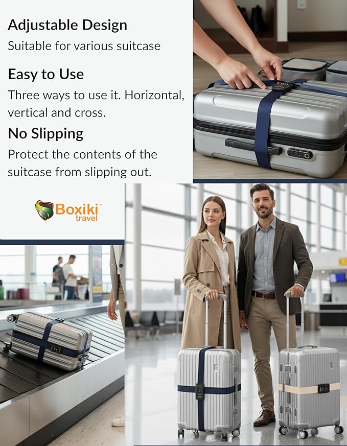 TSA Approved Luggage Straps – Set of 2 Anti-Burst Adjustable Polyester Suitcase Belts with 3-Dial Combination Lock – Prevents Accidental Opening, Secure Travel (Navy)