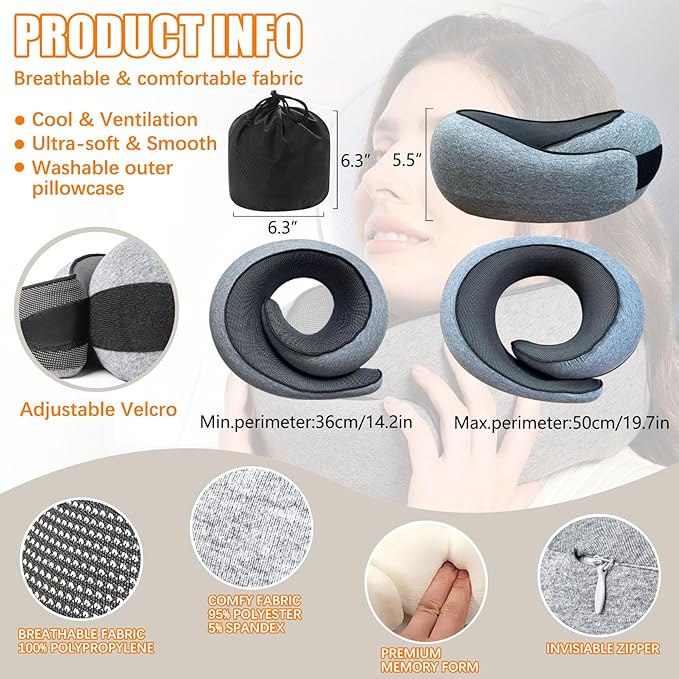 Neck Travel Pillow Upgraded Travel Neck Pillow for Airplane Memory Foam Travel Pillow for Airplanes Offices and Cars Headrest Sleep, Portable Plane Accessories