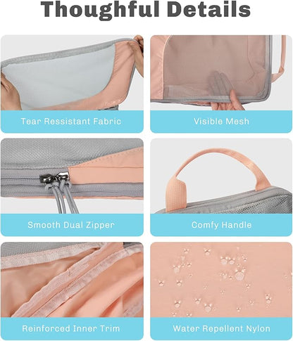 Hynes Eagle 6 Set/ 4 Set/ 2 Set Compression Packing Cubes Travel Essentials Lightweight Nylon Luggage Suitcase Organizer Bag Light Pink 4PCS