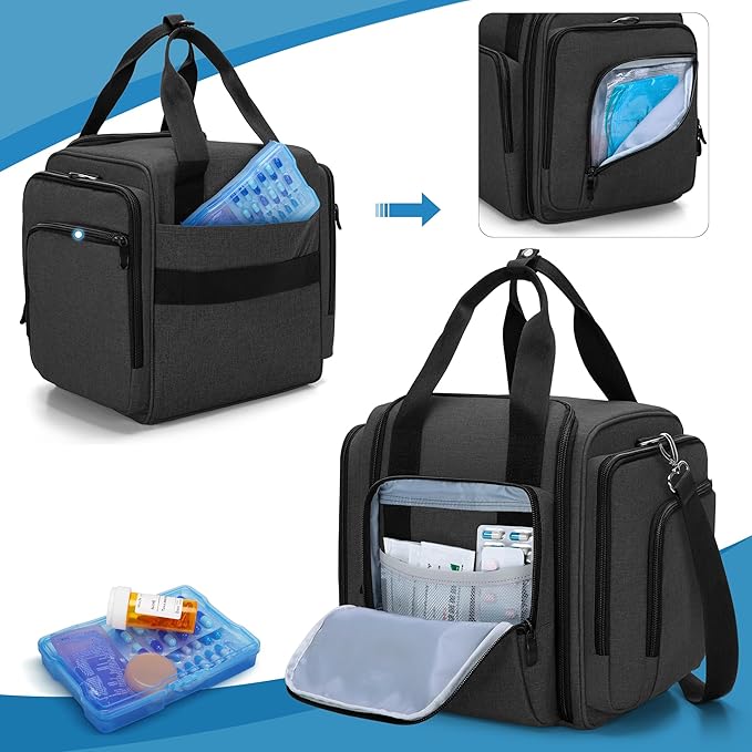 BAFASO Large Pill Bottle Organizer with 4 Inner Removable Pouches, Medicine Bag Come with Shoulder Strap (BAG ONLY), Black