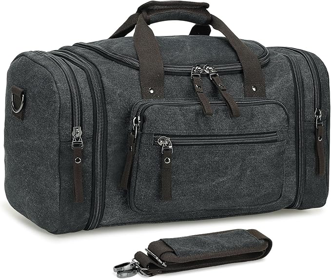 Expandable Canvas Duffel 50cm-58cm, Sturdy Zipper and Reinforced Handles, Lightweight Carry-On Weekender Bag for 3-5 Day Trips, Black