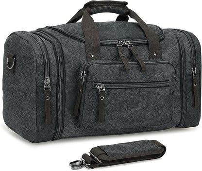 Expandable Canvas Duffel 50cm-58cm, Sturdy Zipper and Reinforced Handles, Lightweight Carry-On Weekender Bag for 3-5 Day Trips, Black