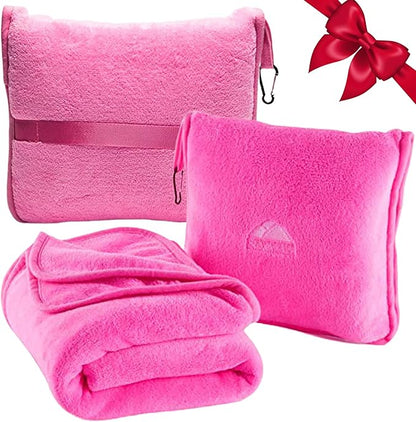 BlueHills Premium Soft Travel Blanket Pillow Airplane Blanket Packed in Soft Bag Pillowcase with Hand Luggage Belt and Backpack Clip, Compact Pack Large 2 in 1 Combo for Any Travel (Pink T004)