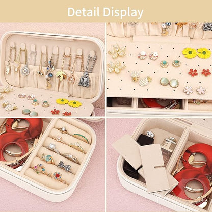DesignSter Travel Jewelry Box, PU Leather Portable Jewelry Case, Small Jewelry Boxes for Gifts, Travel Jewelry Organizer for Women Rings Earrings Necklaces Bracelets (Beige)